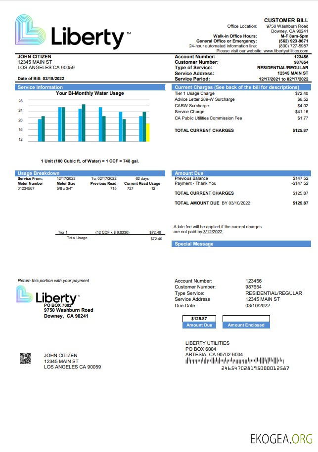 USA California Liberty Utilities utility bill template in Word and PDF format